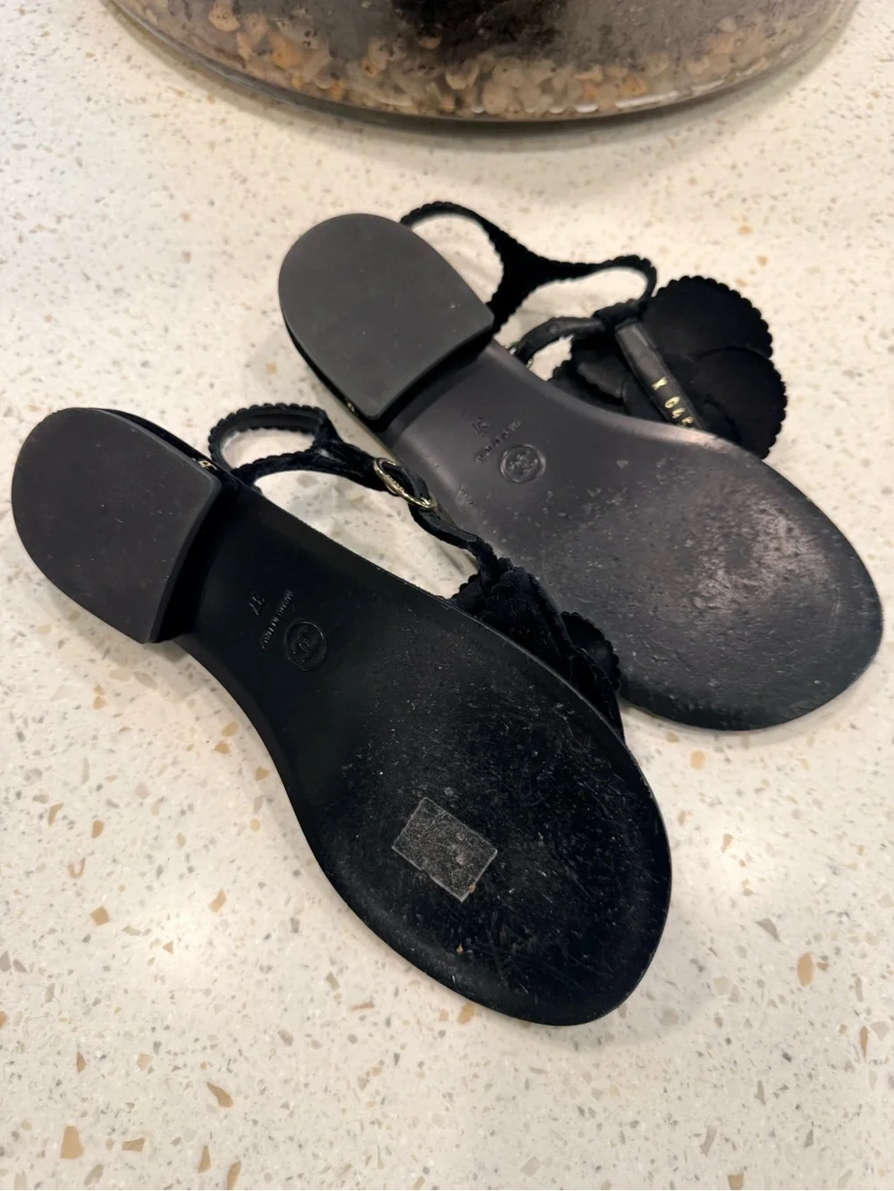 CHANEL Black Camellia Pearl-Accent Slingback Sandals